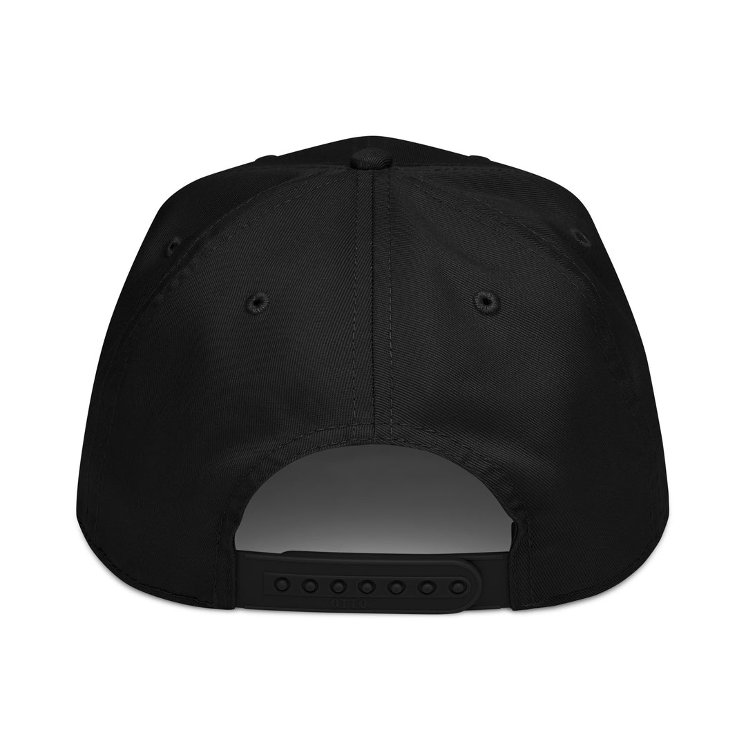 Black LUMLiFE™ 5-panel baseball cap with embroidered logo, mid-profile design, made by Printfull.