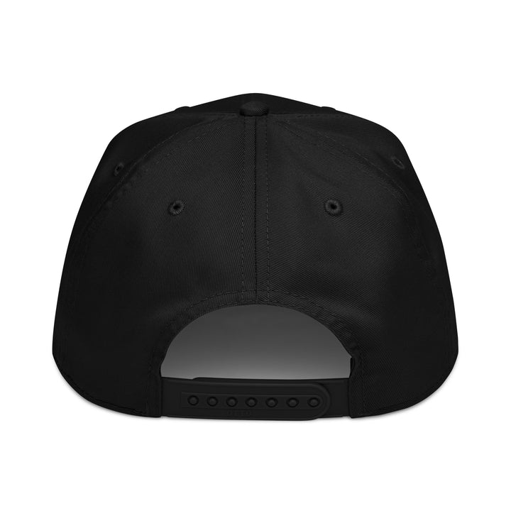 Black LUMLiFE™ 5-panel baseball cap with embroidered logo, mid-profile design, made by Printfull.