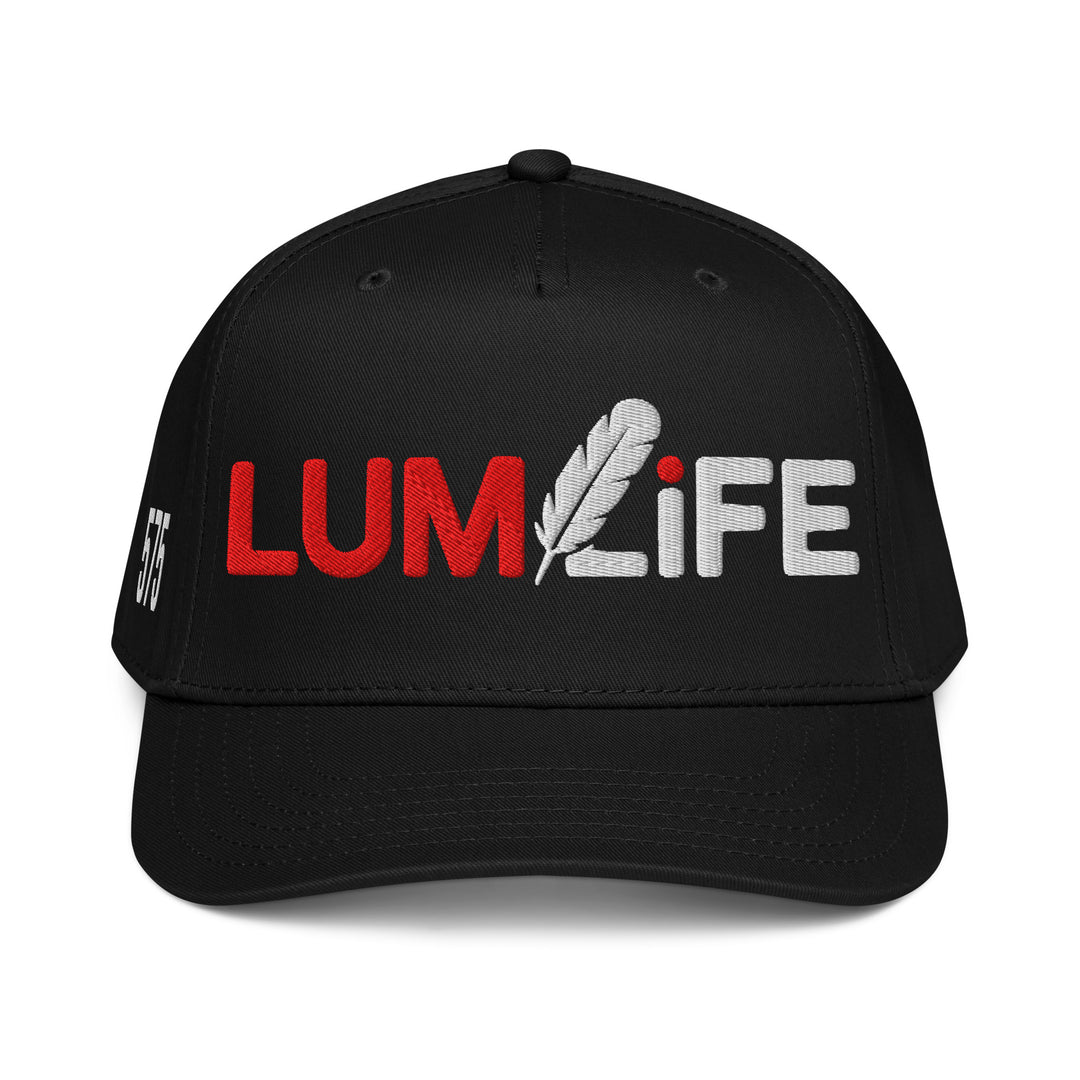 Black LUMLiFE™ 5-panel cap with embroidered logo, mid-profile baseball hat, lightweight and stylish for casual wear.
