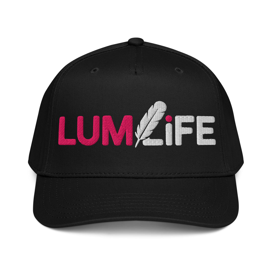 Black LUMLiFE™ 5-panel baseball cap with embroidered logo, mid-profile design, and adjustable strap.