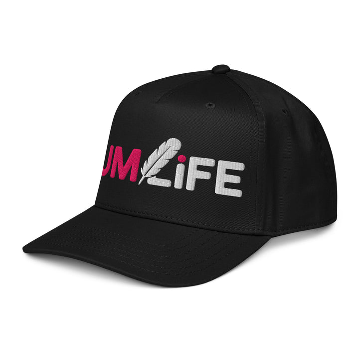 Black LUMLiFE™ 5-panel cap with embroidered logo, mid-profile baseball style, shown from the front left angle.