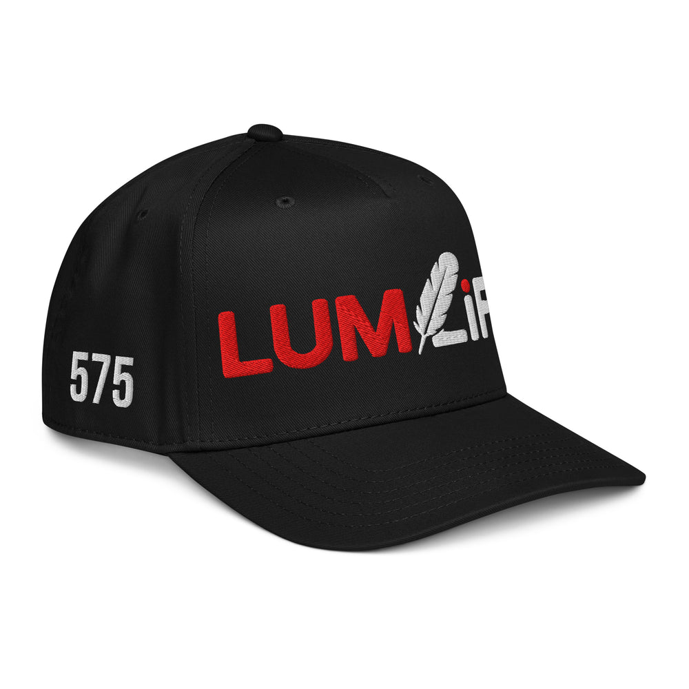 Black LUMLiFE™ 5-panel cap with embroidered logo, mid-profile baseball hat, right-front view for a stylish streetwear look.