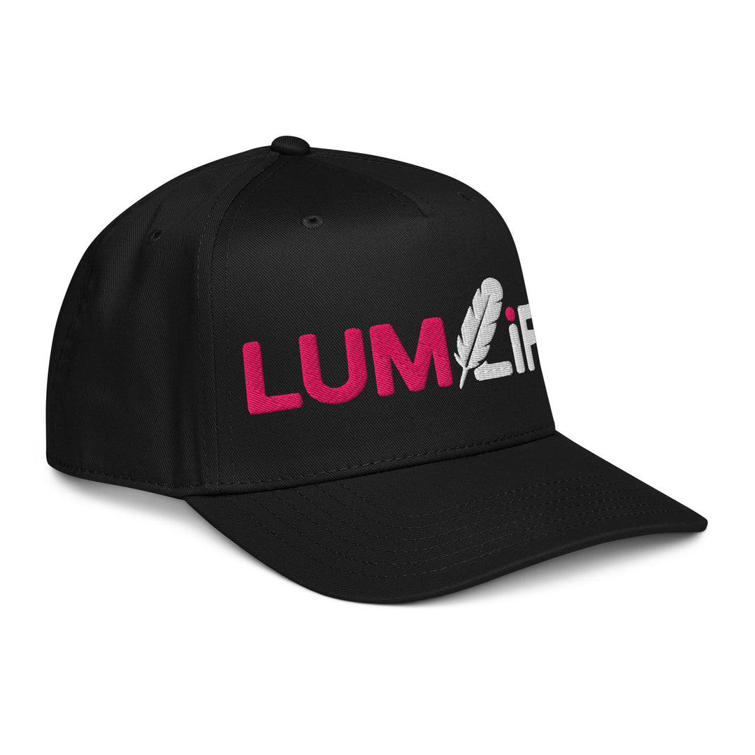 Black LUMLiFE™ 5-panel baseball cap with embroidered design, shown from the right front side on a mid-profile printfull hat.