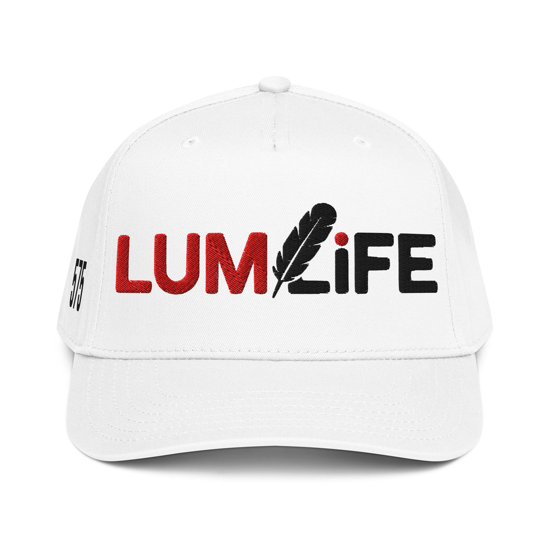 LUMLiFE™ 5-panel cap featuring white front and embroidered design, stylish mid-profile baseball hat by Printfull.