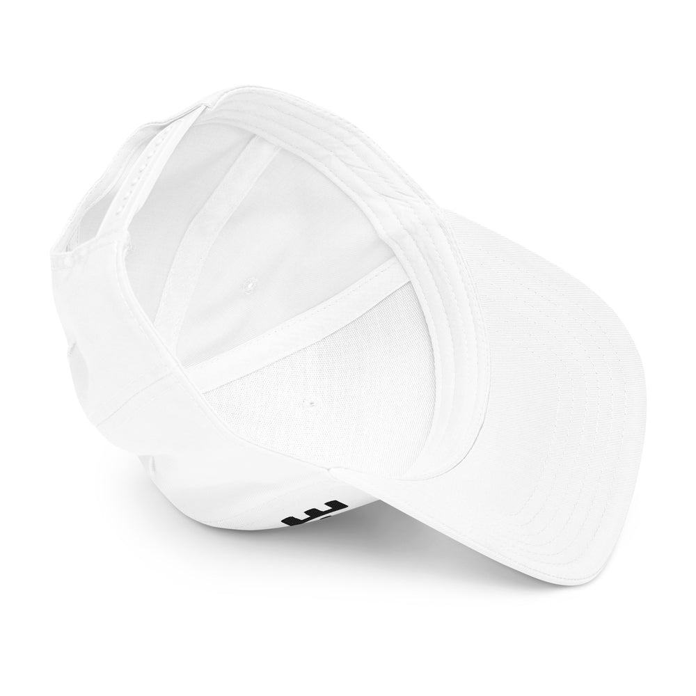 White LUMLiFE™ 5-panel baseball cap with embroidered design, featuring a mid-profile style and printfull branding.
