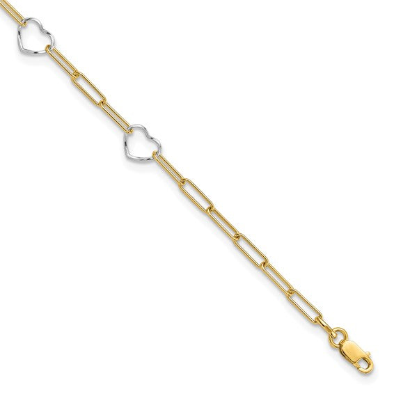 14K Two-tone Paperclip Link Heart 9in Plus 1in ext. Anklet