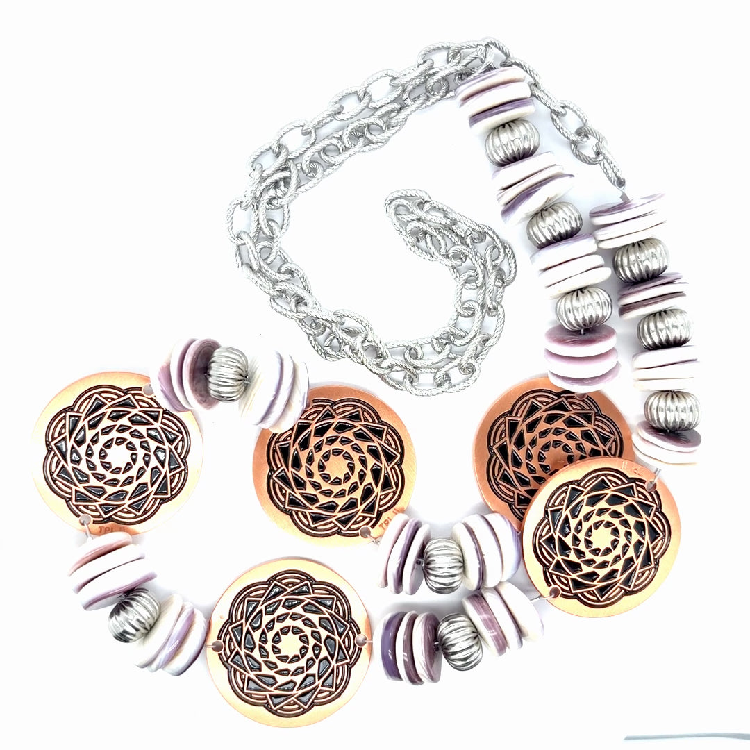 Wampum shell and Pinecone Patchwork Necklace