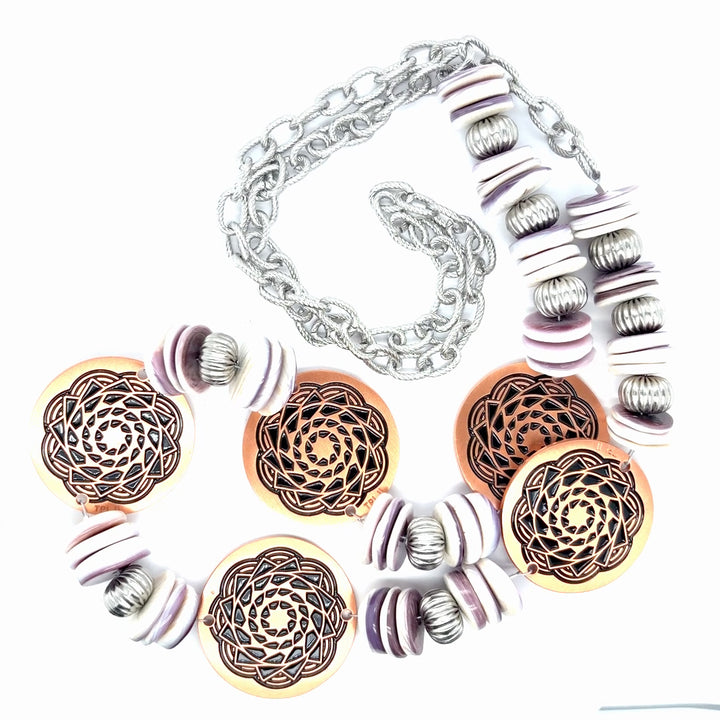 Wampum shell and Pinecone Patchwork Necklace