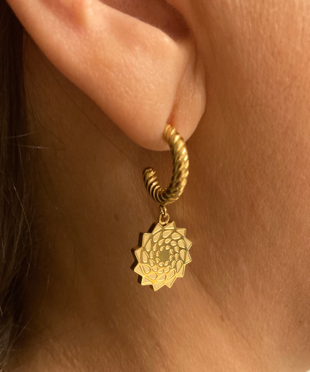 Pinecone Patchwork Earring Gold Tone Twist Hoop