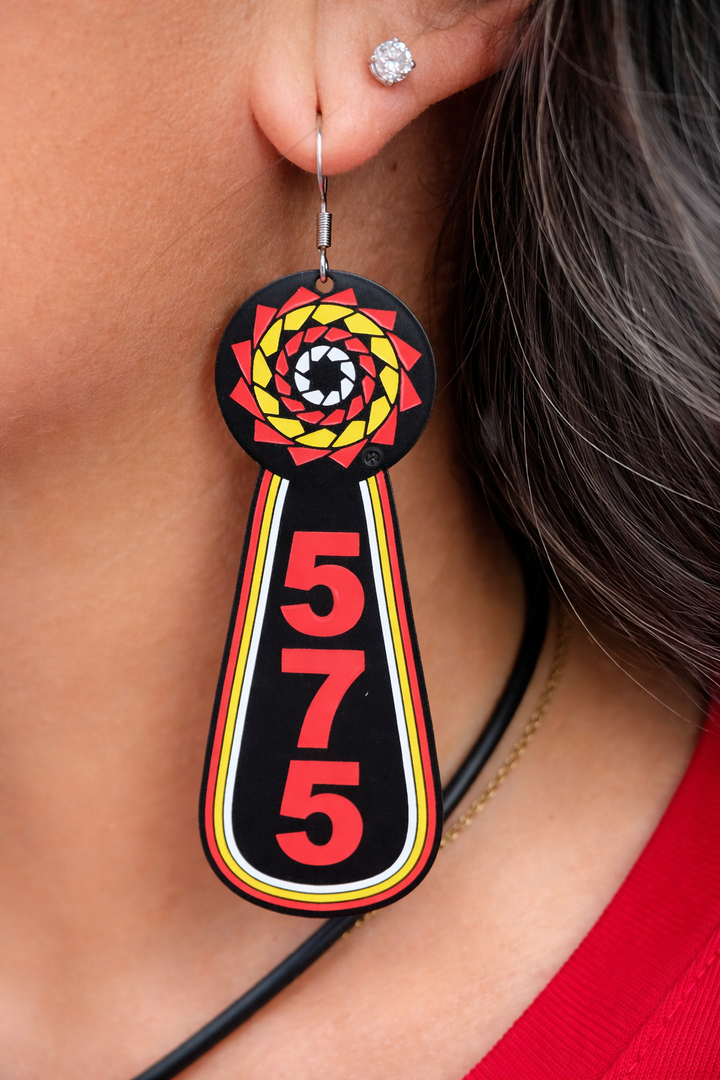 Black Pinecone Patchwork 575 Tribal Slab Earrings by TPL II, featuring intricate patchwork design and bold earring style.