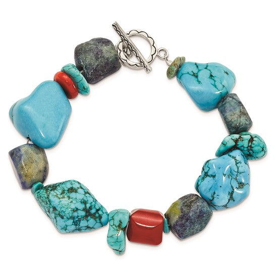 Sterling Silver Red Coral/Howlite/Lapis/Turquoise Bracelet.