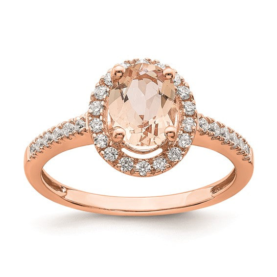 14k Rose Gold Halo 8x6 Oval Morganite and 1/3 carat Diamond Engagement Ring