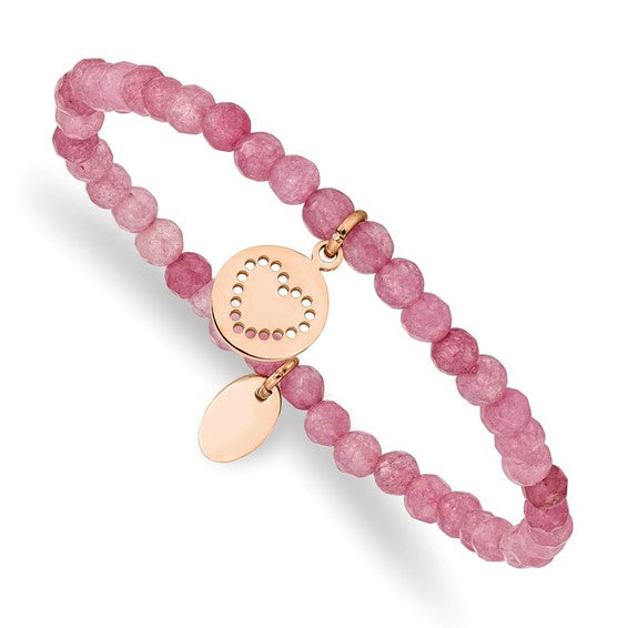 Chisel Stainless Steel Polished Rose IP-plated Heart 4mm Pink Jade Beaded Stretch Bracelet