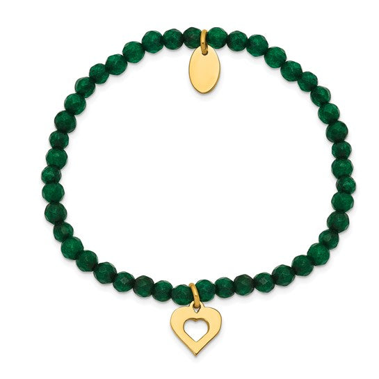 Chisel Stainless Steel Polished Yellow IP-plated Heart 4mm Green Jade Beaded Stretch Bracelet