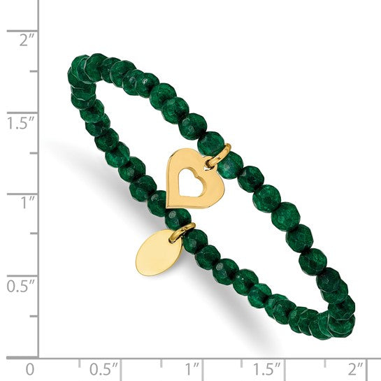 Chisel Stainless Steel Polished Yellow IP-plated Heart 4mm Green Jade Beaded Stretch Bracelet