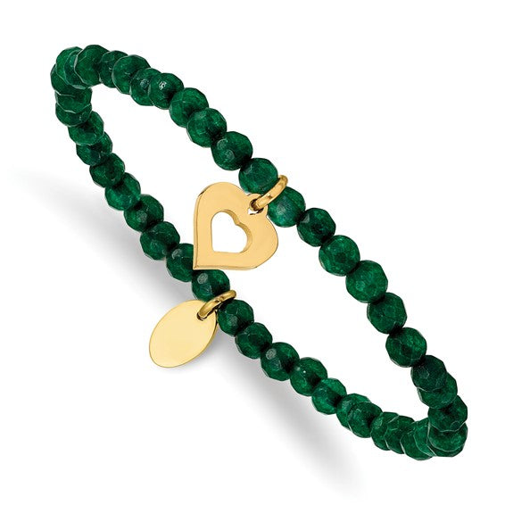 Chisel Stainless Steel Polished Yellow IP-plated Heart 4mm Green Jade Beaded Stretch Bracelet