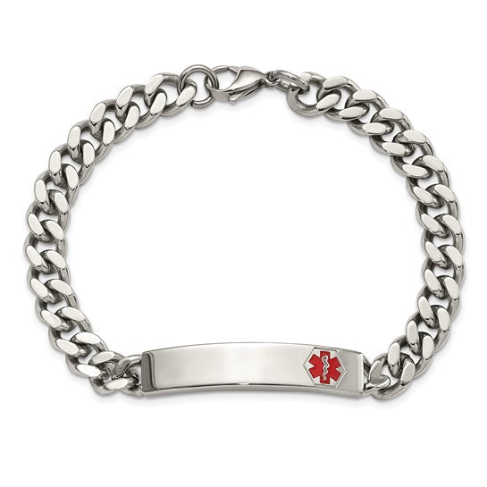 Stainless Steel Polished with Red Enamel Medical ID 8.75 inch Curb Chain Bracelet