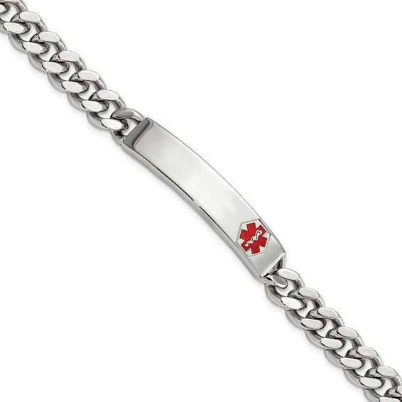 Stainless Steel Polished with Red Enamel Medical ID 8.75 inch Curb Chain Bracelet