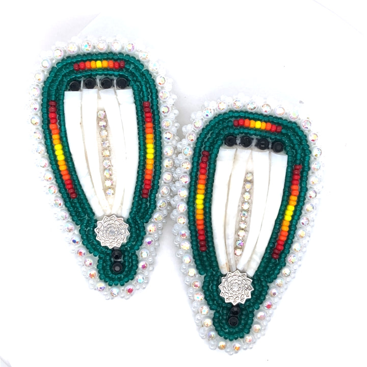 Beaded Dentalium Fan Earrings Forest Green