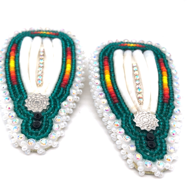 Beaded Dentalium Fan Earrings Forest Green