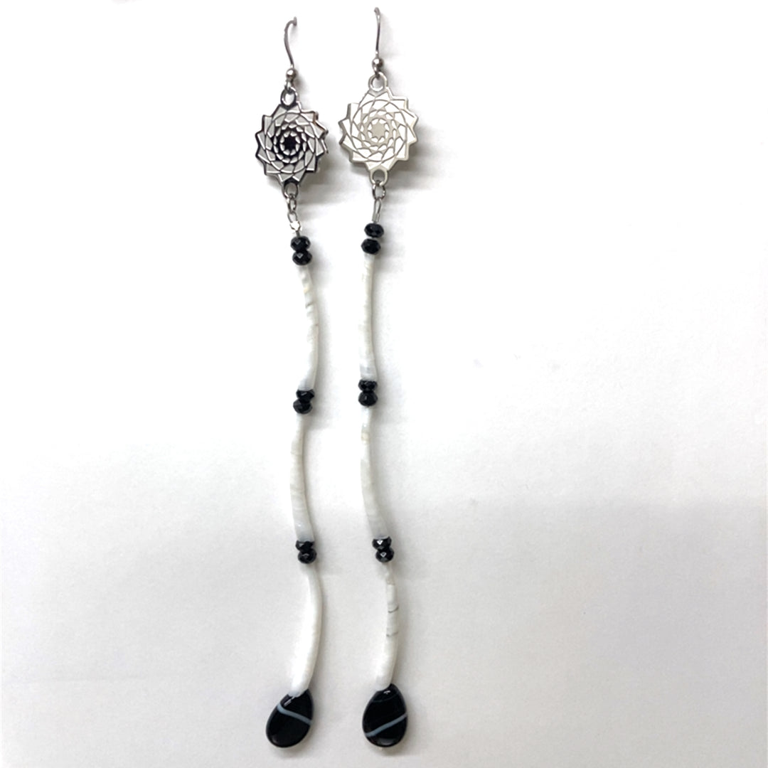 Pinecone Patchwork Dentalium Earring White and Black