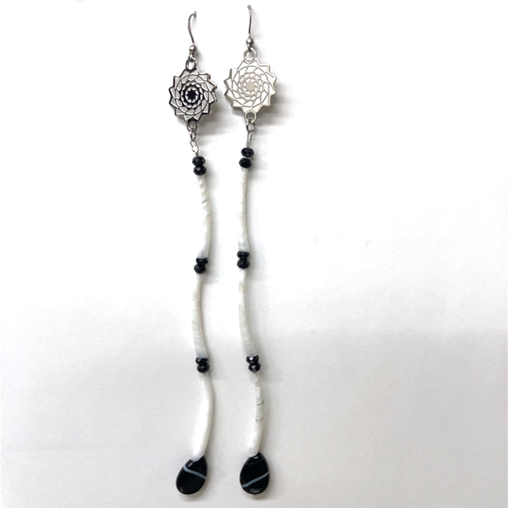 Pinecone Patchwork Dentalium Earring White and Black