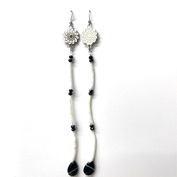 Pinecone Patchwork Dentalium Earring White and Black