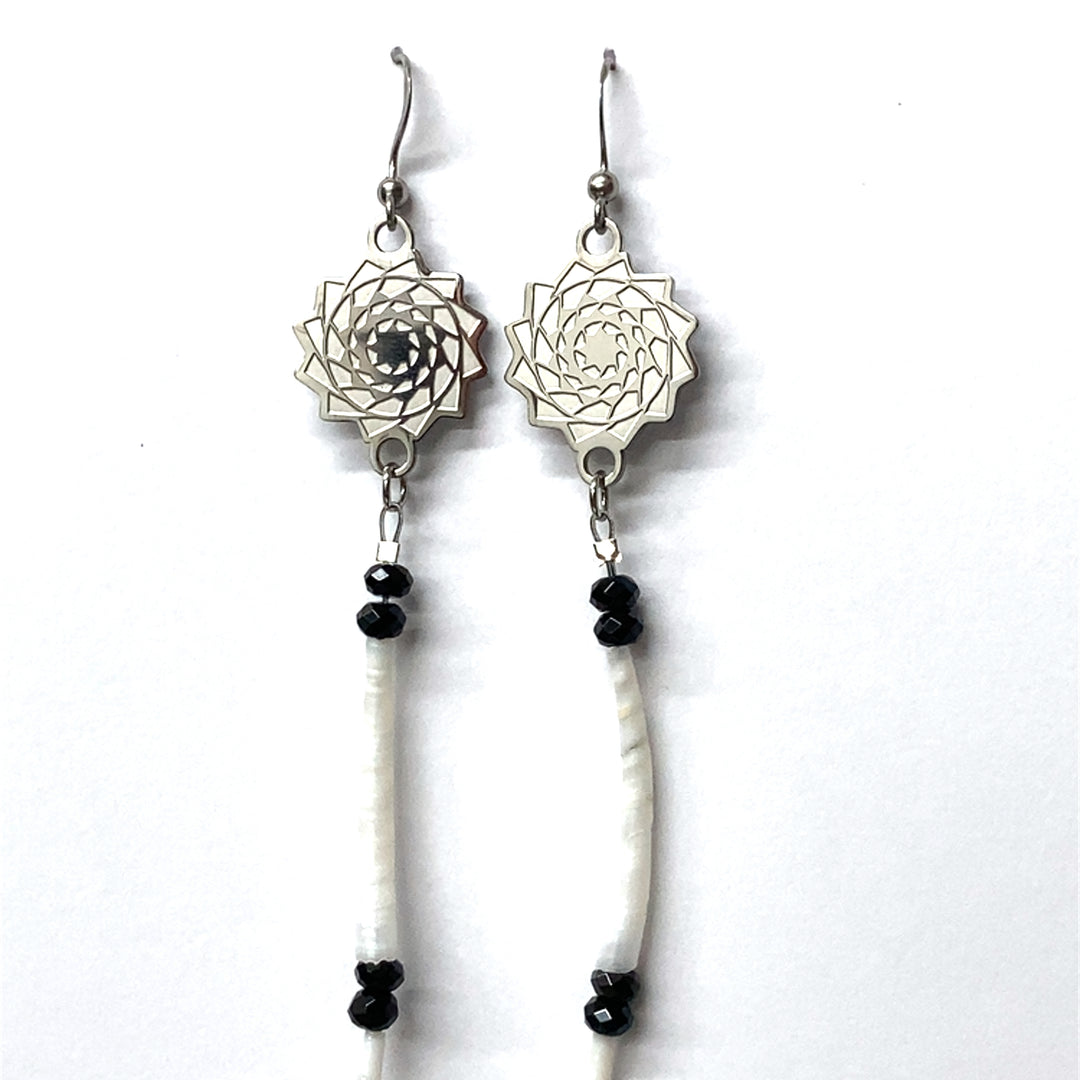 Pinecone Patchwork Dentalium Earring White and Black