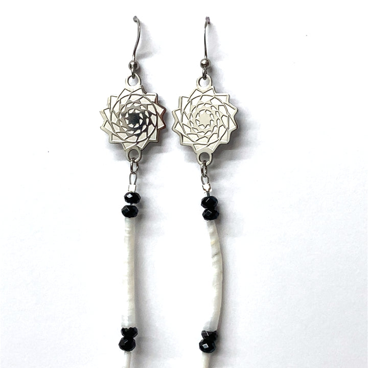 Pinecone Patchwork Dentalium Earring White and Black