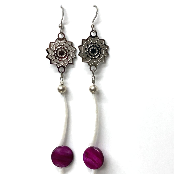 Pinecone Patchwork Dentalium Earring Purple Shell