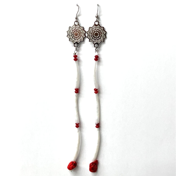 Pinecone Patchwork Dentalium Earring Red Coral