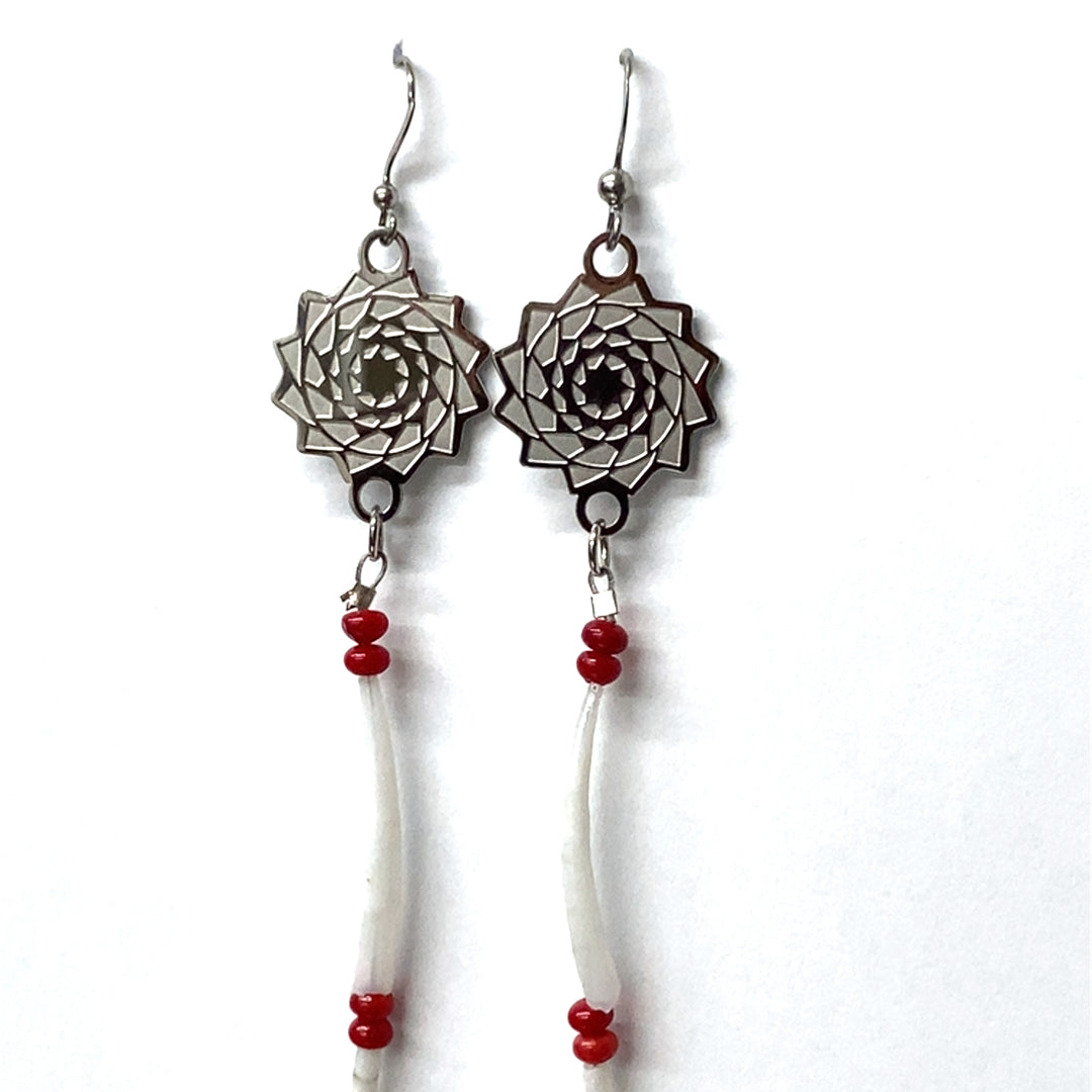 Pinecone Patchwork Dentalium Earring Red Coral