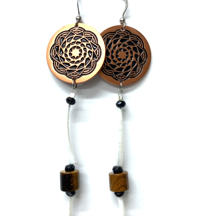Copper Pinecone Patchwork Dentalium Earring tiger-eye black