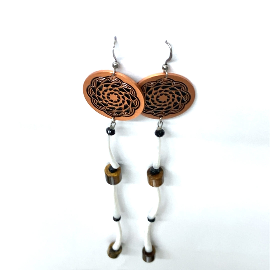 Copper Pinecone Patchwork Dentalium Earring tiger-eye black