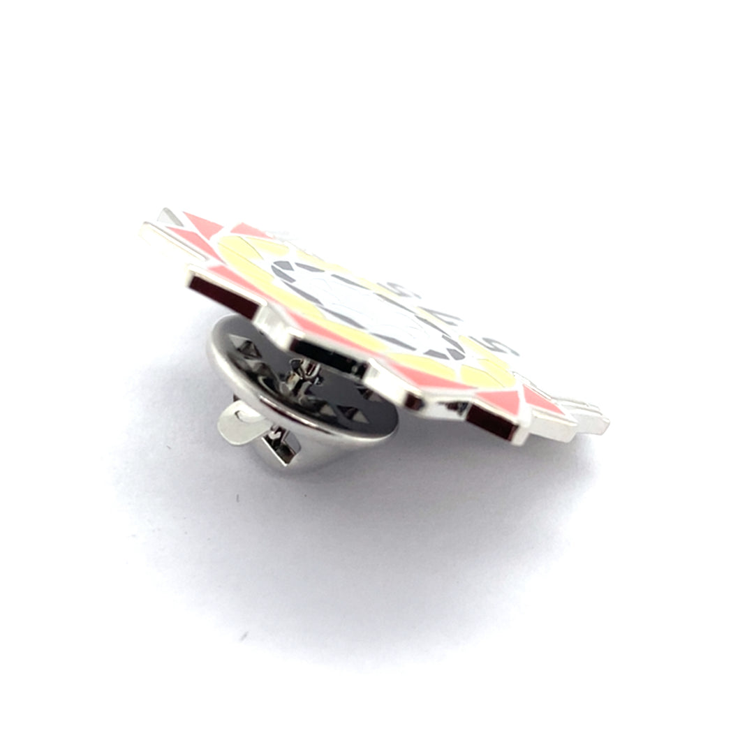 Pinecone Patchwork 575 lapel pin by TPL II featuring a colorful patchwork pinecone design as an accessory.