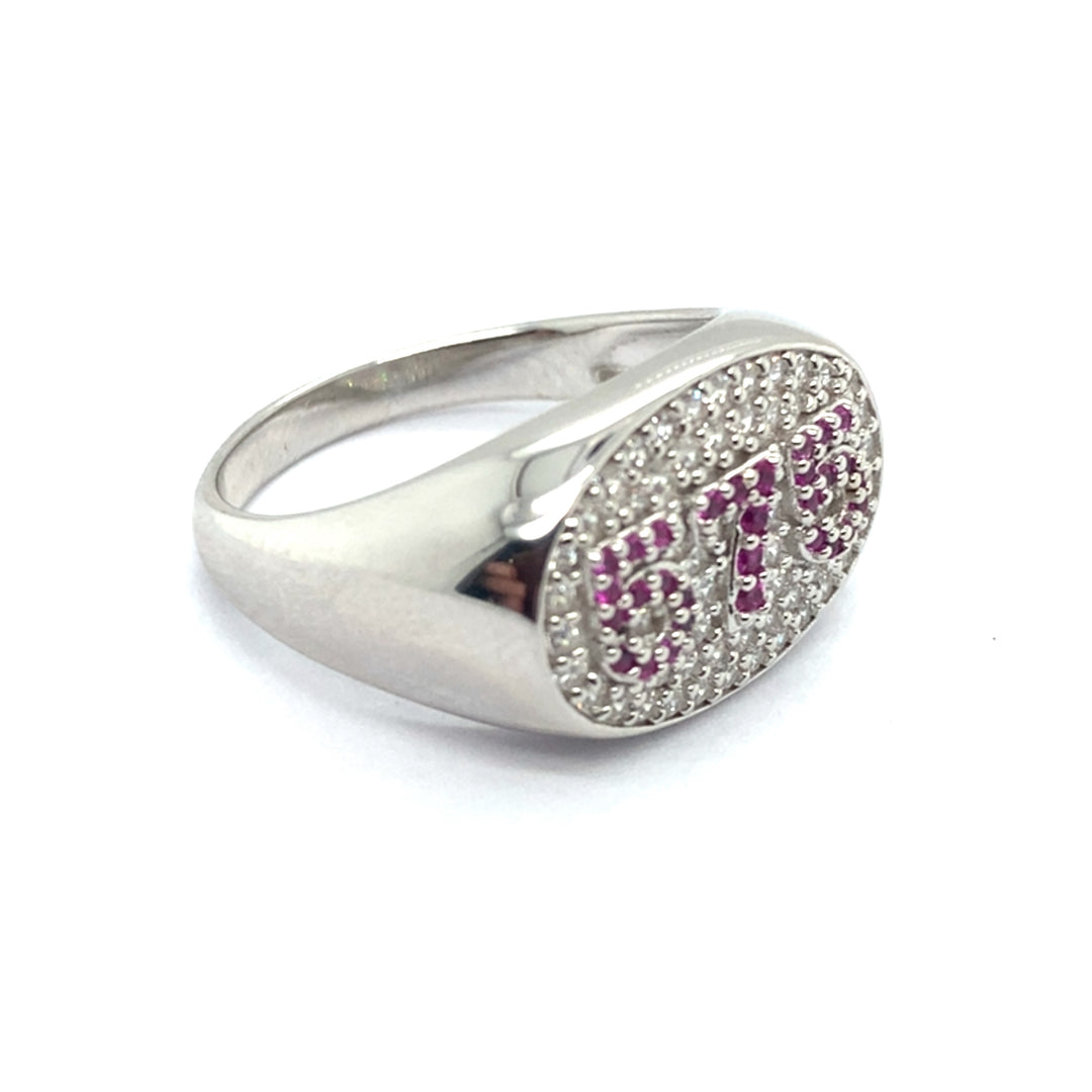 Personalized sterling silver 575 ring by TPL II with custom engraving, showcasing its sleek design on a white background.