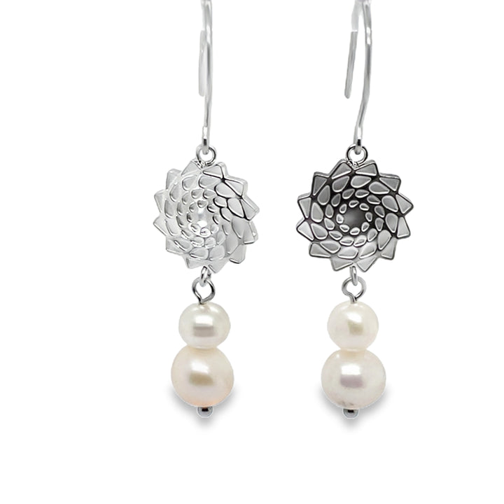 White freshwater pearl earrings with pinecone patchwork design by TPL II, featuring elegant earring hooks and intricate detailing.