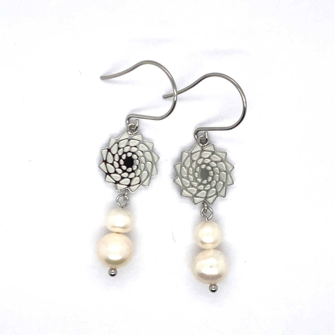 White freshwater pearl earrings with pinecone patchwork design by TPL II, showcasing elegant jewelry with intricate details.