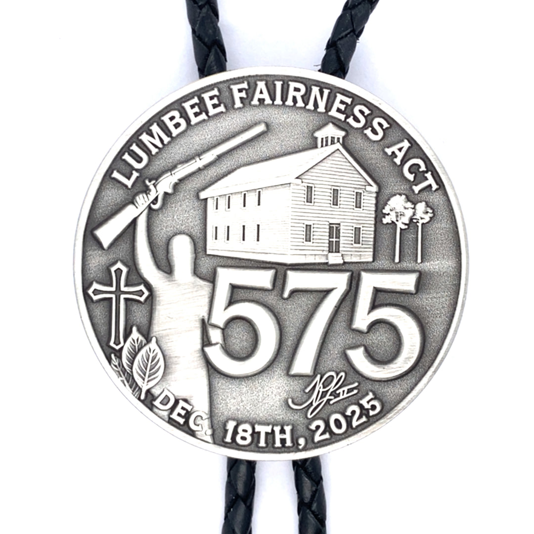 Antique silver Bolo Lumbee 575 full federal recognition commemorative bolo tie by TPL II, featuring detailed design and silver finish.