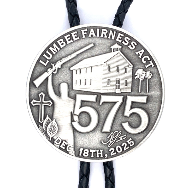 Antique silver Bolo Lumbee 575 full federal recognition commemorative bolo tie by TPL II, featuring detailed design and silver finish.
