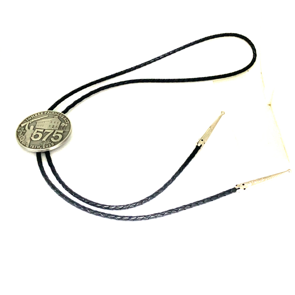Silver bolo tie with engraved design, commemorative Bolo Lumbee 575 full federal recognition, TPL II brand, antique finish.
