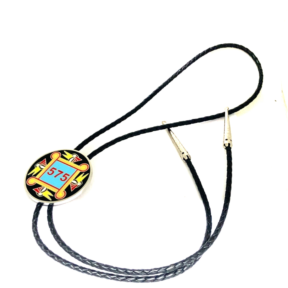 Black bolo tie with Southeastern Woodland 575 woodpecker design and TPL II branding, featuring detailed woodpecker artwork.