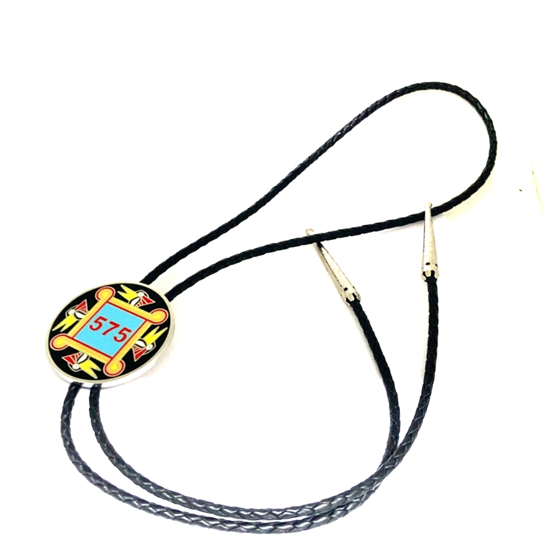 Black bolo tie with Southeastern Woodland 575 woodpecker design and TPL II branding, featuring detailed woodpecker artwork.
