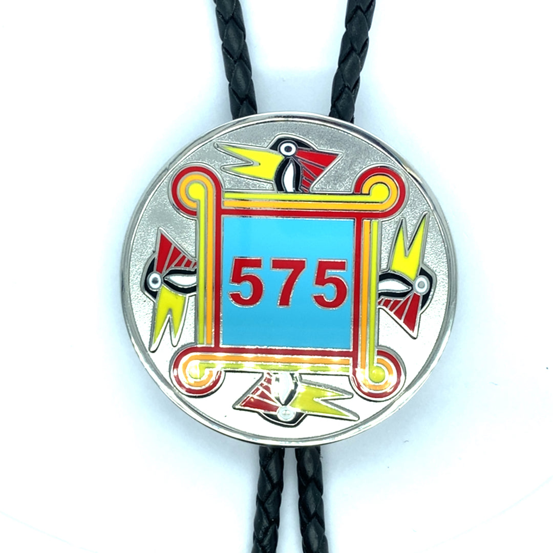 TPL II Bolo Southeastern Woodland 575 with intricate woodpecker design on leather strap, showcasing detailed craftsmanship.