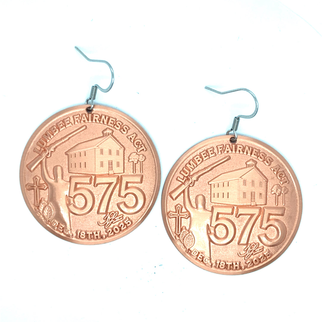 Copper Lumbee Fairness Act earrings by TPL II featuring intricate copper design and elegant dangle style.