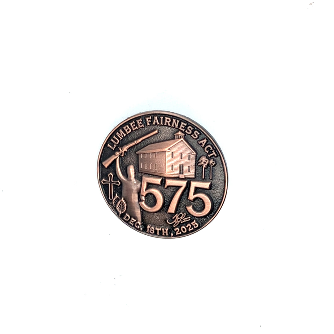 Lumbee Fairness Act lapel pin by TPL II, a metal hat pin and tie tack featuring the 575 lapel pin design, worn as an accessory.