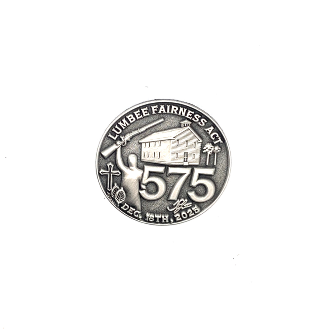Lumbee Fairness Act lapel pin by TPL II, a metal hat pin and tie tack featuring the 575 lapel pin accessory.