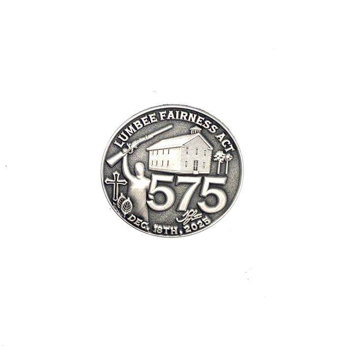 Lumbee Fairness Act lapel pin by TPL II, a metal hat pin and tie tack featuring the 575 lapel pin accessory.