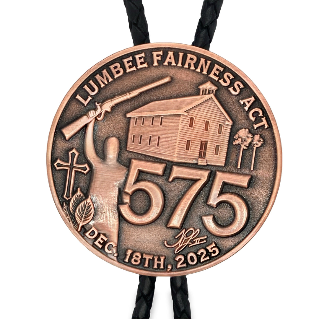 Bolo tie with antique copper design, TPL II Bolo Lumbee 575 Full Federal Recognition commemorative accessory, detailed craftsmanship visible.