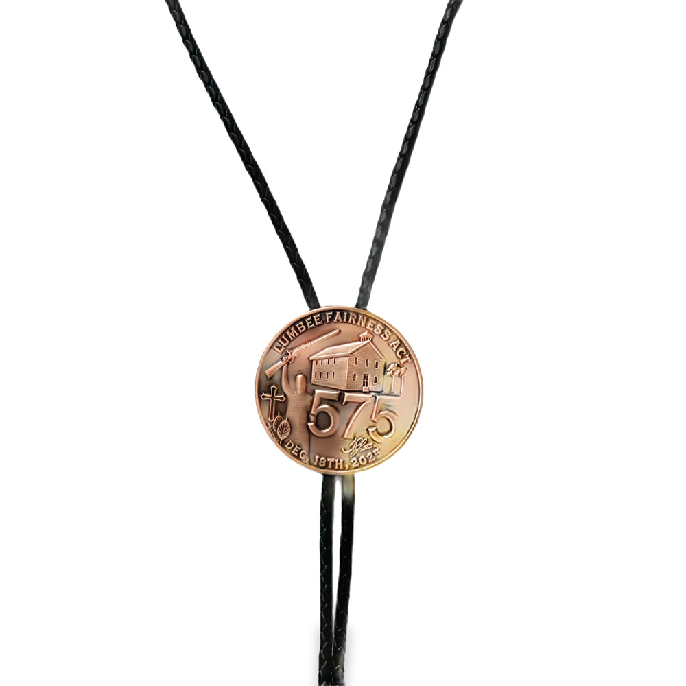 Antique copper Bolo Lumbee 575 full federal recognition commemorative by TPL II, featuring intricate engraved details.